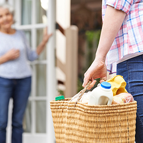 Person bringing bag of groceries to elderly woman's house