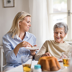 Young carer with senior woman eating and chatting