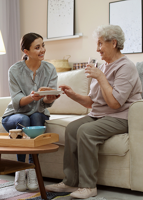 Carer providing lunch to senior woman